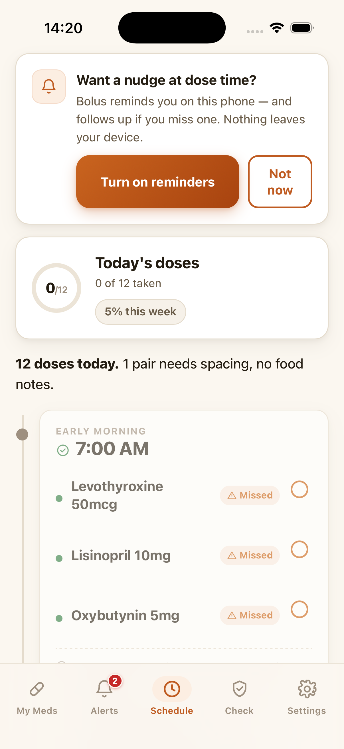 Bolus daily schedule with dose timing and food rules