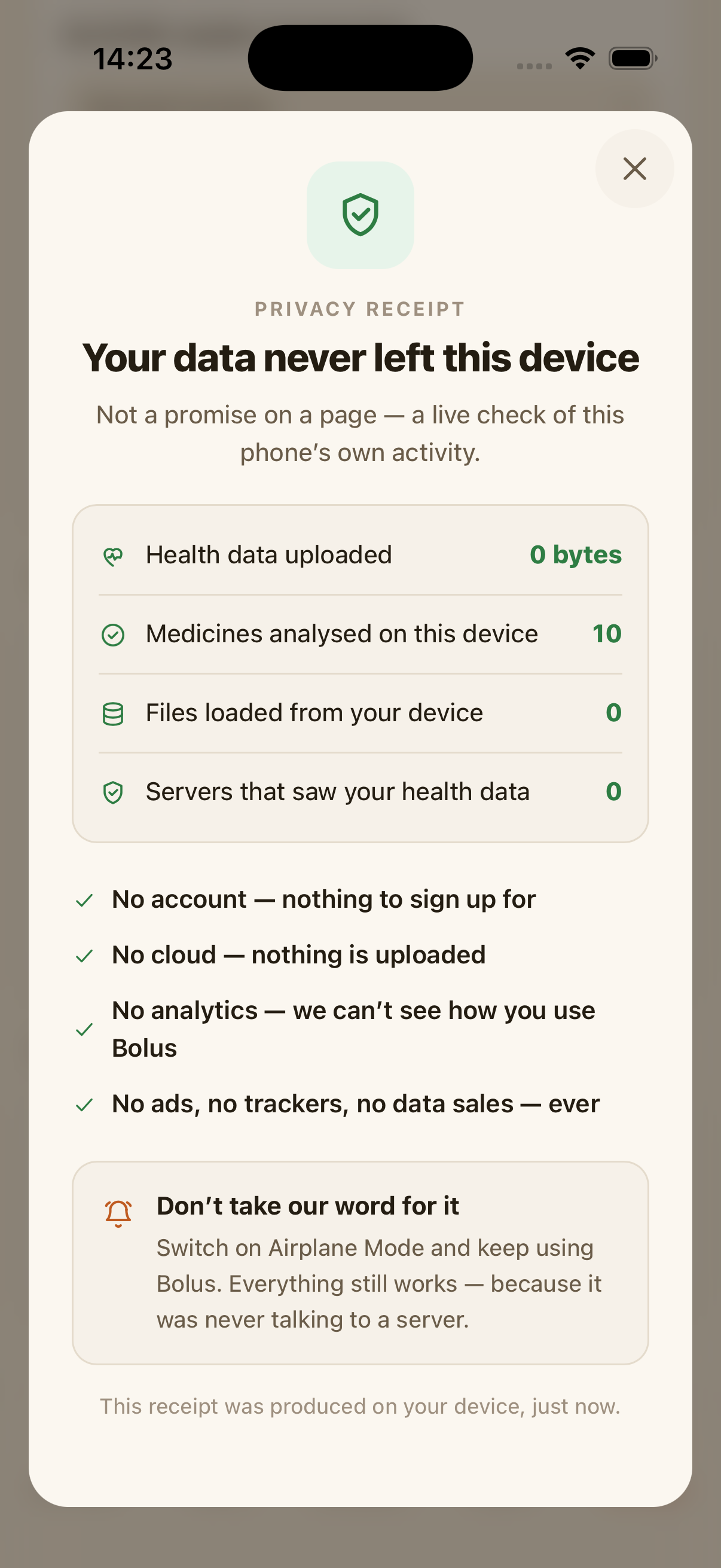 Bolus Trust Receipt: 0 bytes of health data uploaded